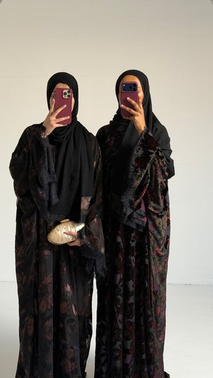 Dania Brown Satin Flocked Butterfly Abaya