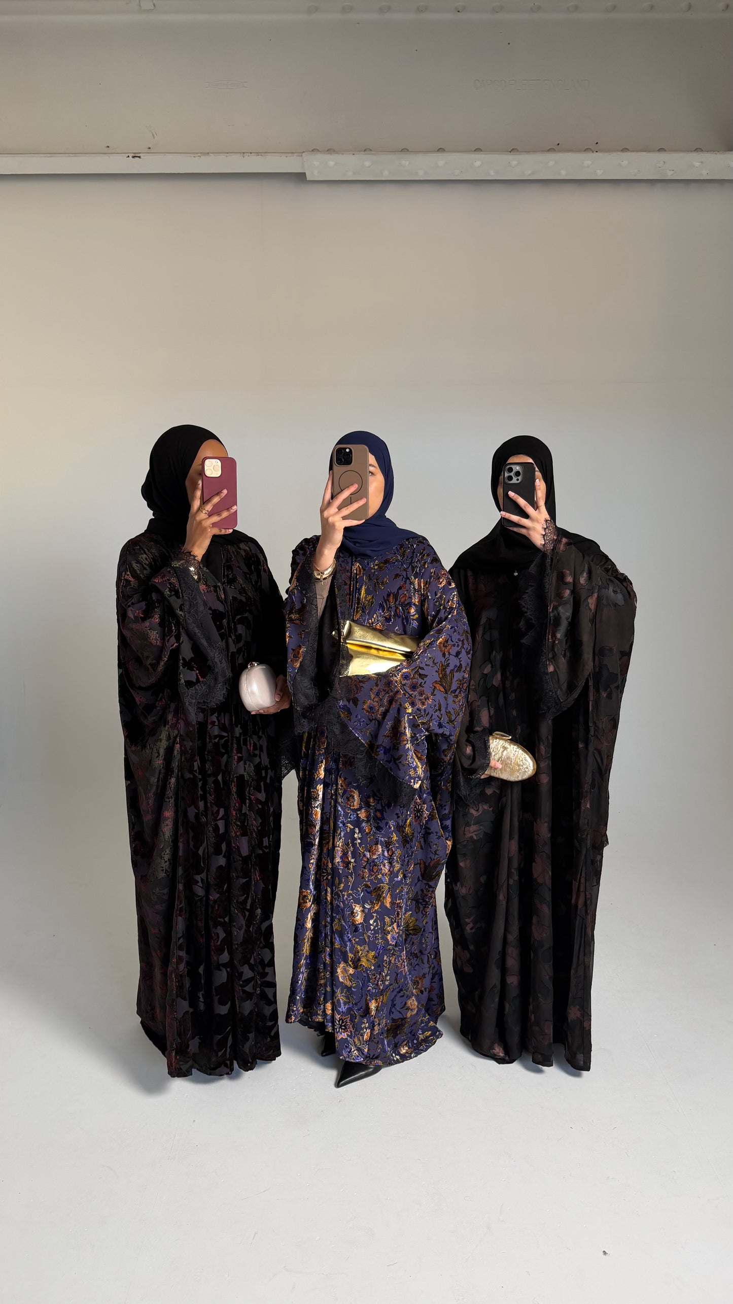 Aseel Blue Velvet Flocked Butterfly Abaya