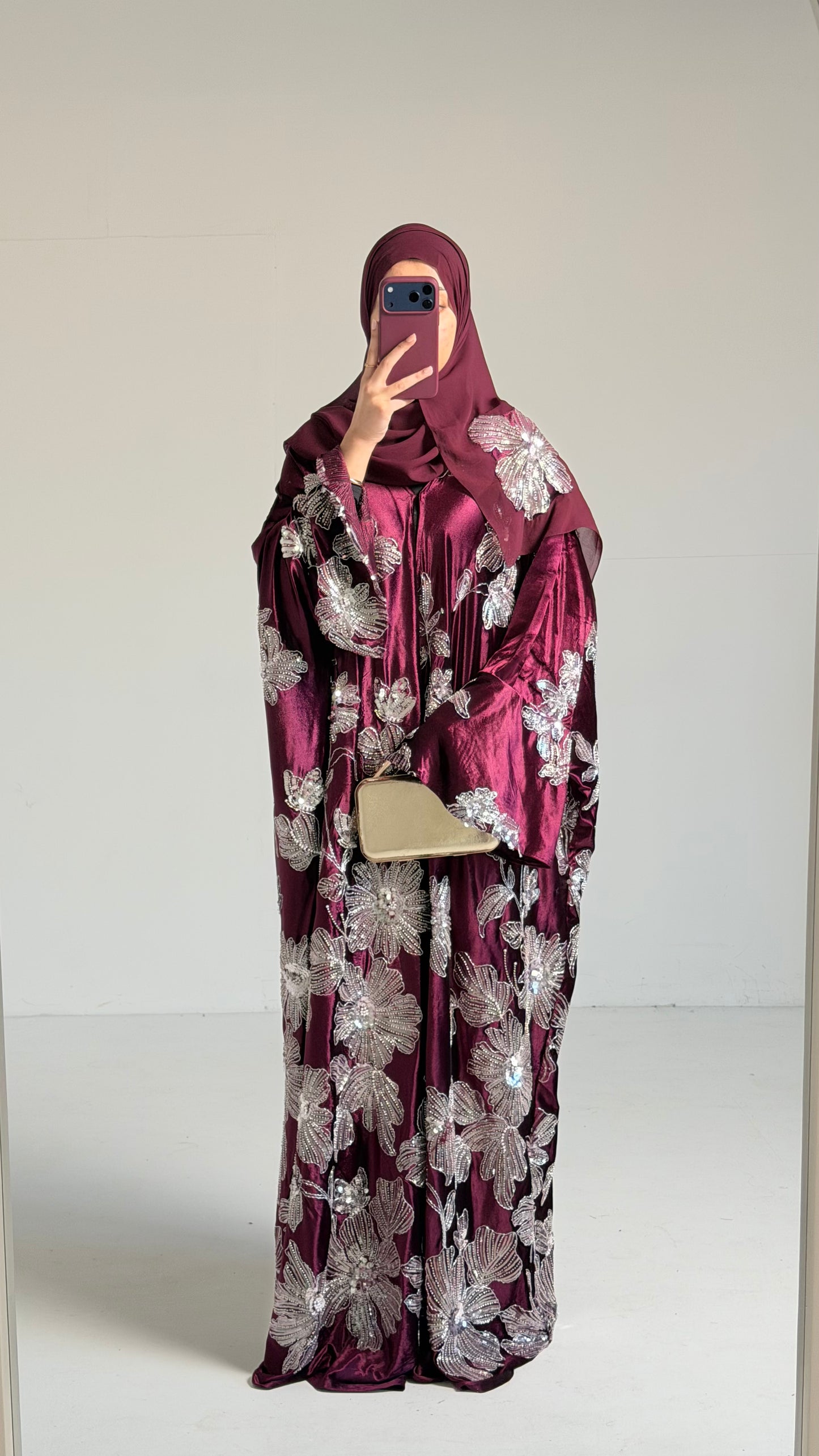 Amani Plum Velvet Floral Embellished Abaya