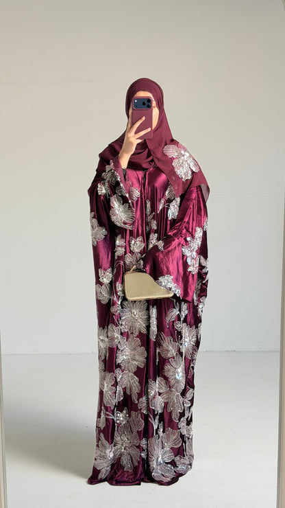 Amani Plum Velvet Floral Embellished Abaya