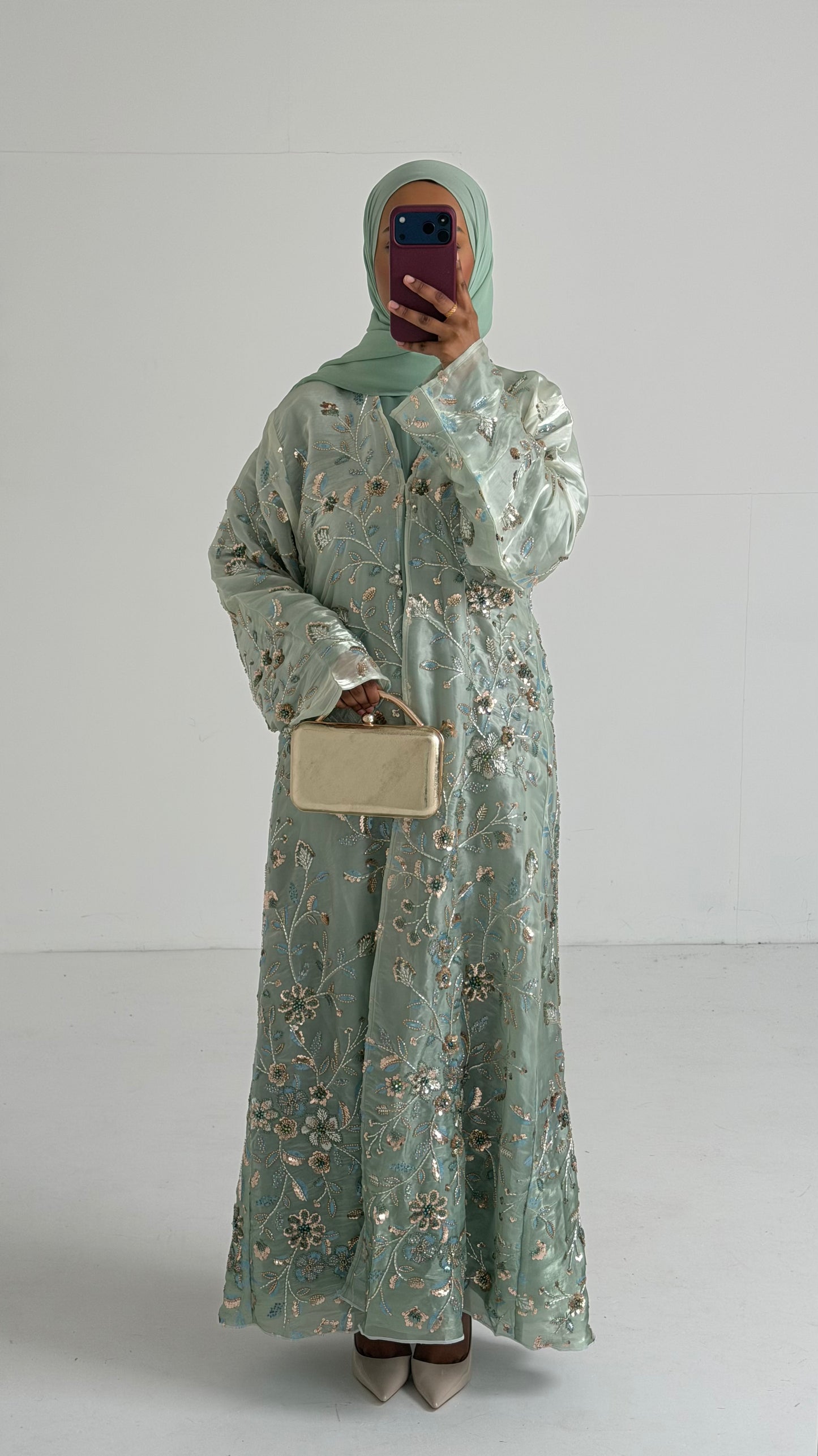 Mara Sage Green Floral Ombré Organza Abaya