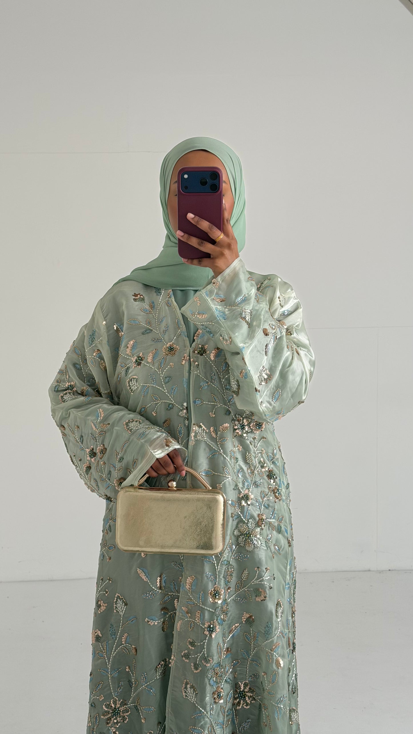 Mara Sage Green Floral Ombré Organza Abaya