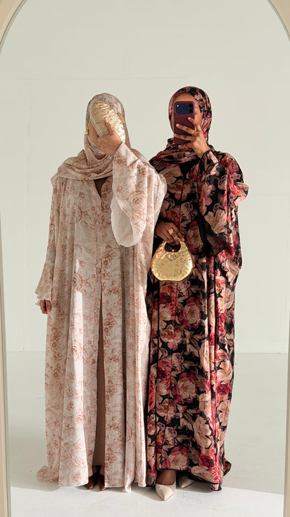 Yumna Beige Floral Chiffon Printed Butterfly Abaya