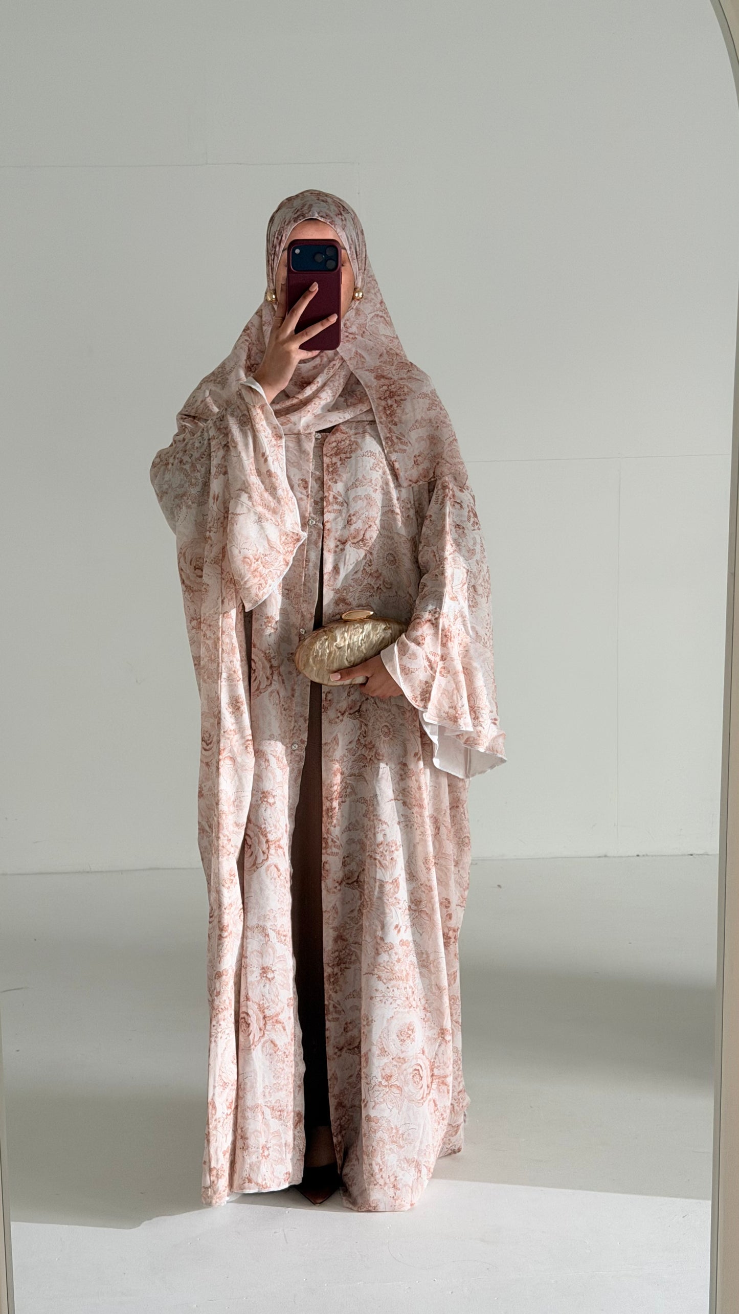 Yumna Beige Floral Chiffon Printed Butterfly Abaya