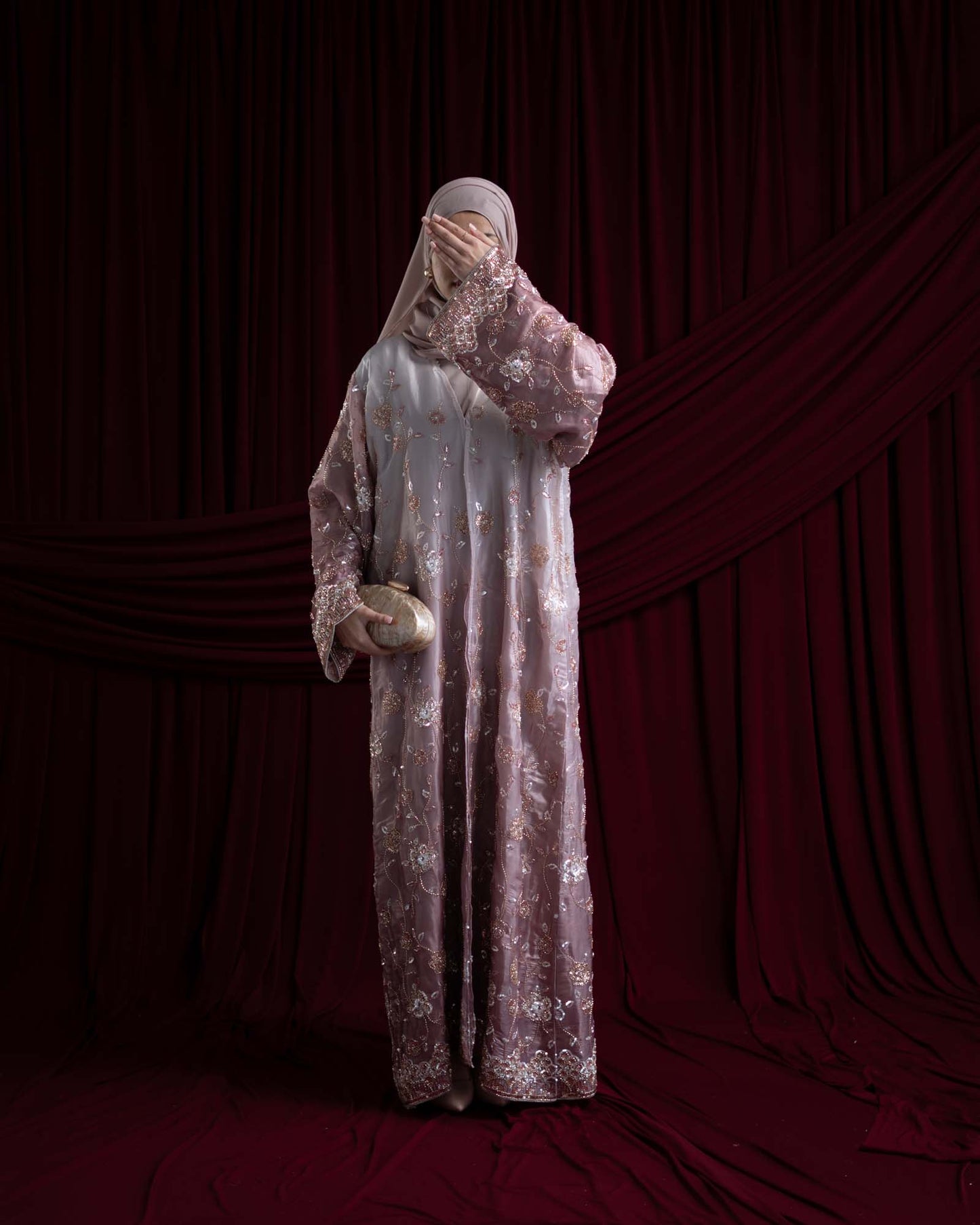Heba Dusty Mauve Floral Ombré Organza Abaya