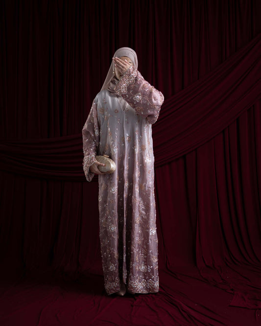 Heba Dusty Mauve Floral Ombré Organza Abaya