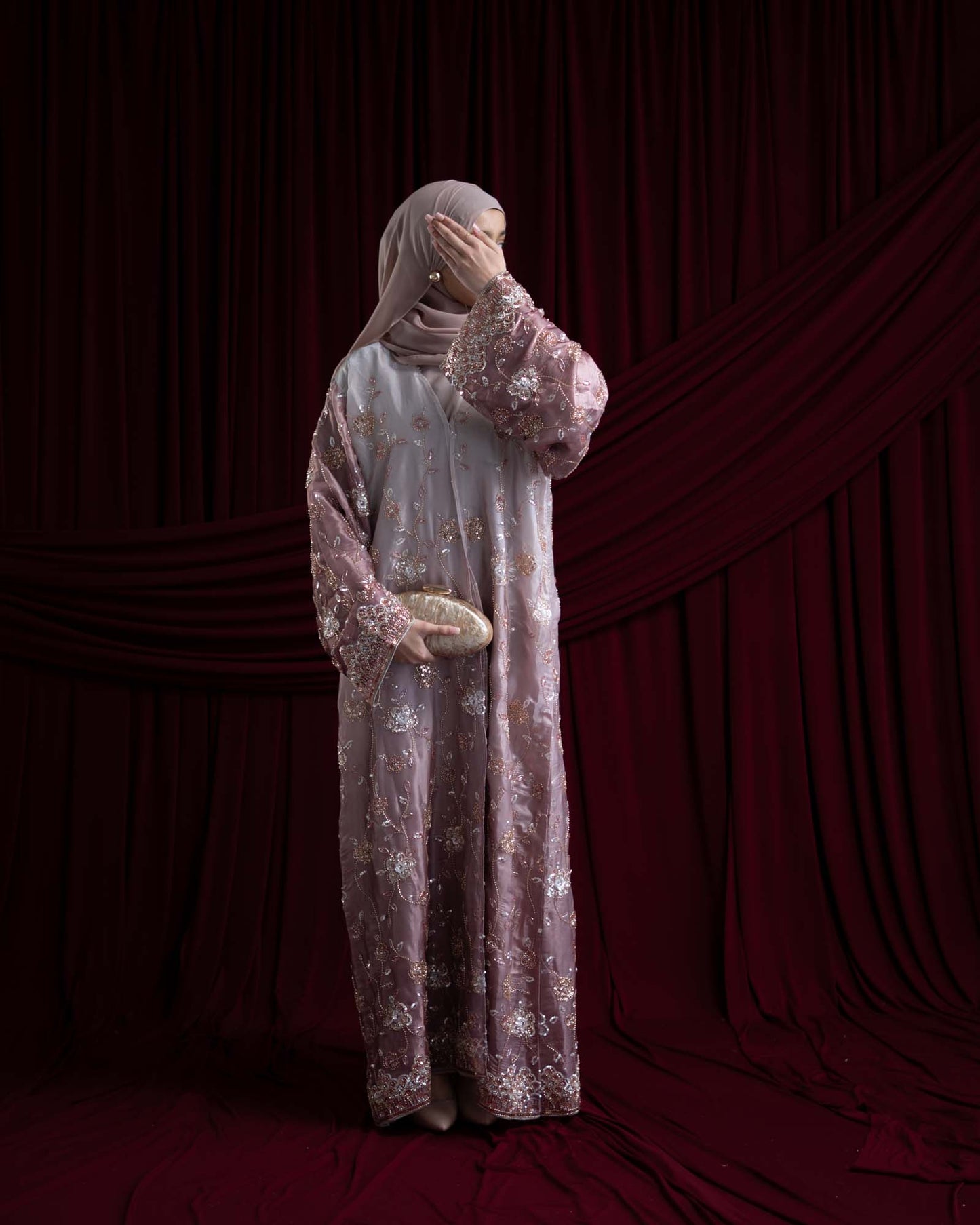 Heba Dusty Mauve Floral Ombré Organza Abaya