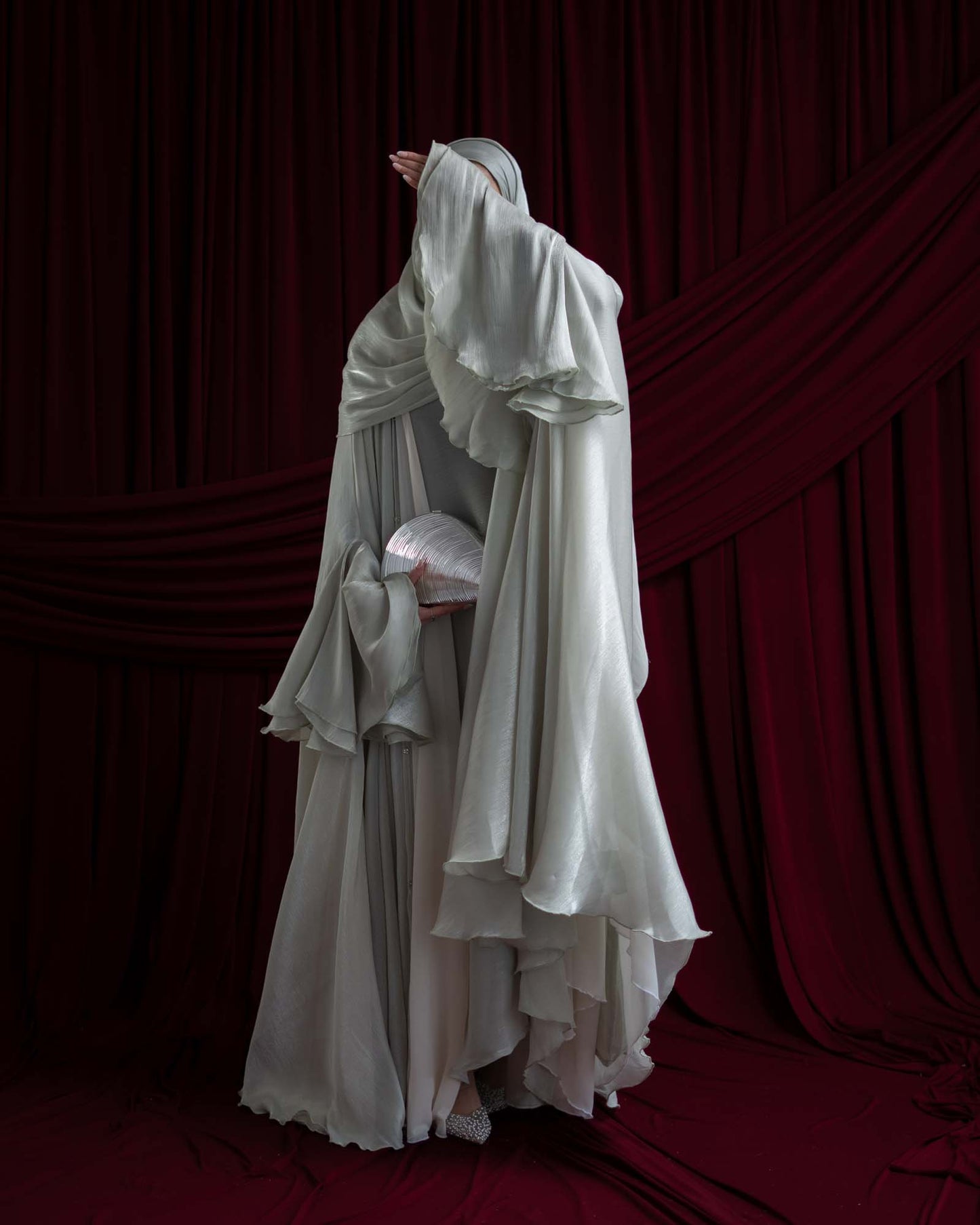 Sienna Sage Green Organza and Chiffon Cape Abaya