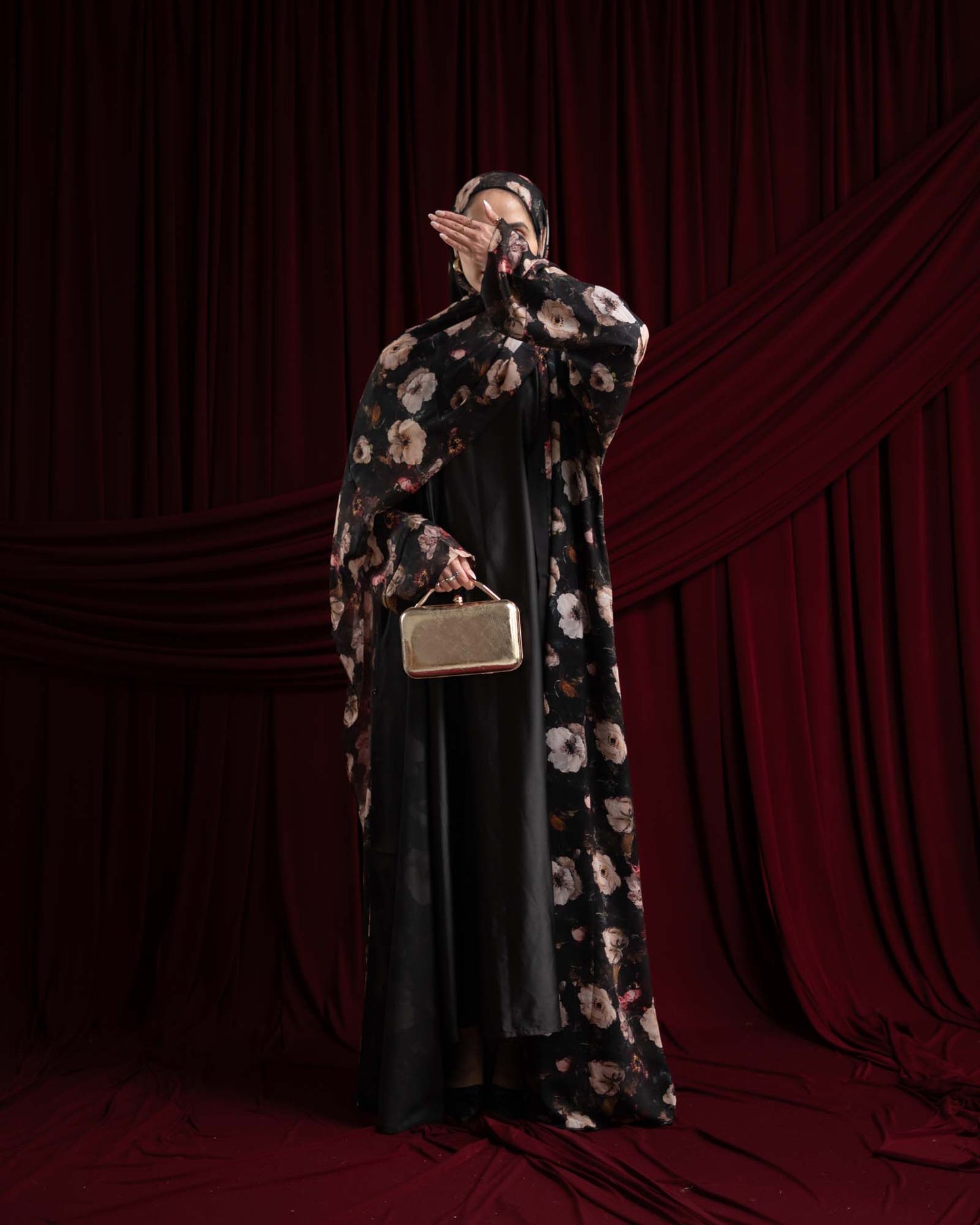 Eliana Black and Cream Floral Printed Chiffon Abaya