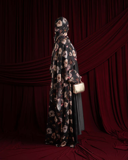 Eliana Black and Cream Floral Printed Chiffon Abaya