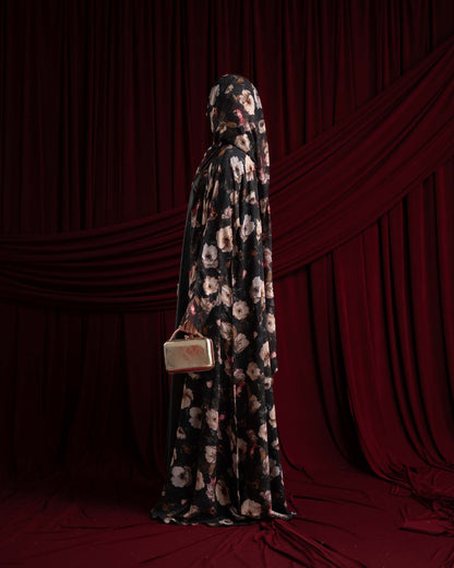 Eliana Black and Cream Floral Printed Chiffon Abaya