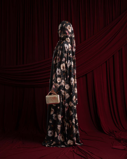 Eliana Black and Cream Floral Printed Chiffon Abaya