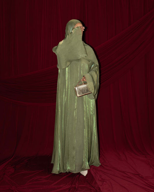 Reema Olive Princess Flared Organza Abaya