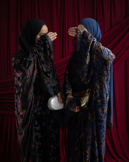 Nisma Dark Purple Velvet Flocked Butterfly Abaya