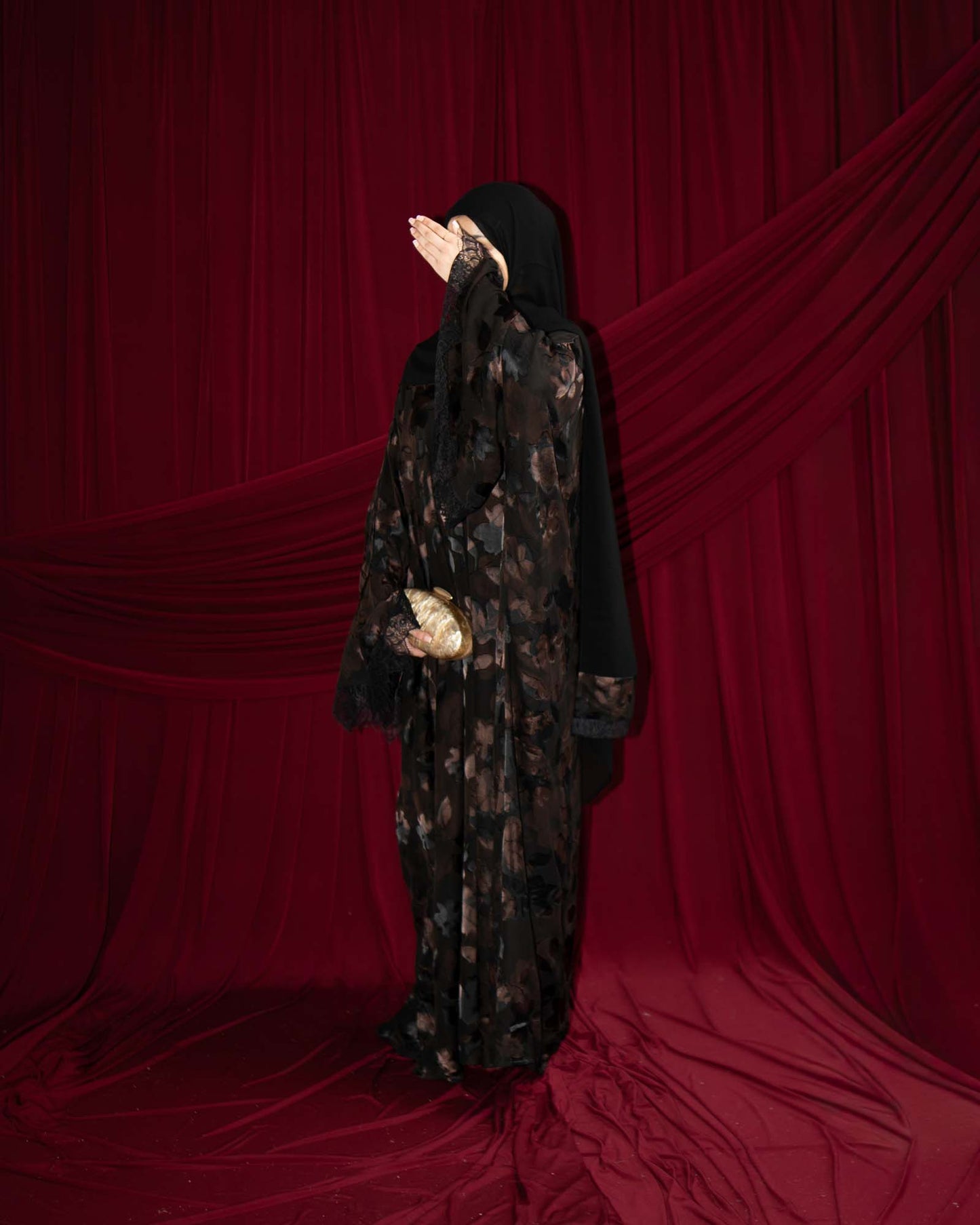 Dania Brown Satin Flocked Butterfly Abaya