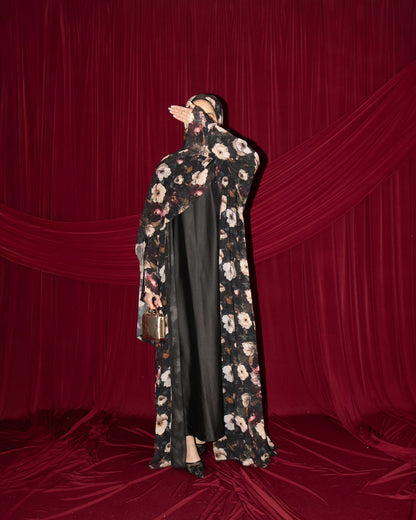 Eliana Black and Cream Floral Printed Chiffon Abaya