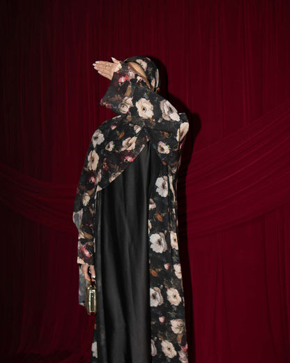 Eliana Black and Cream Floral Printed Chiffon Abaya
