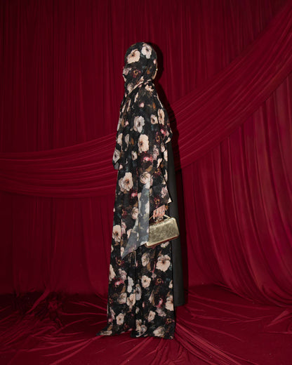 Eliana Black and Cream Floral Printed Chiffon Abaya