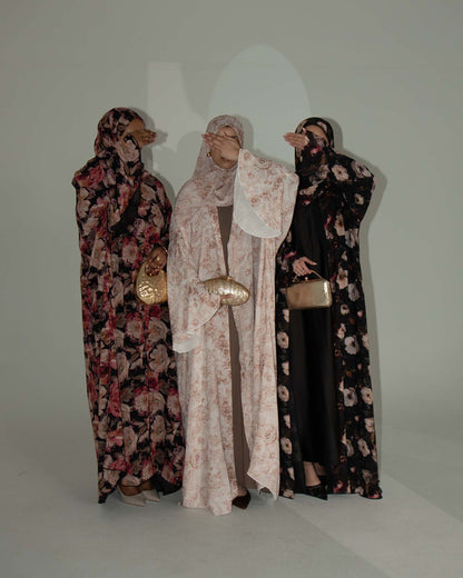 Eliana Black and Cream Floral Printed Chiffon Abaya