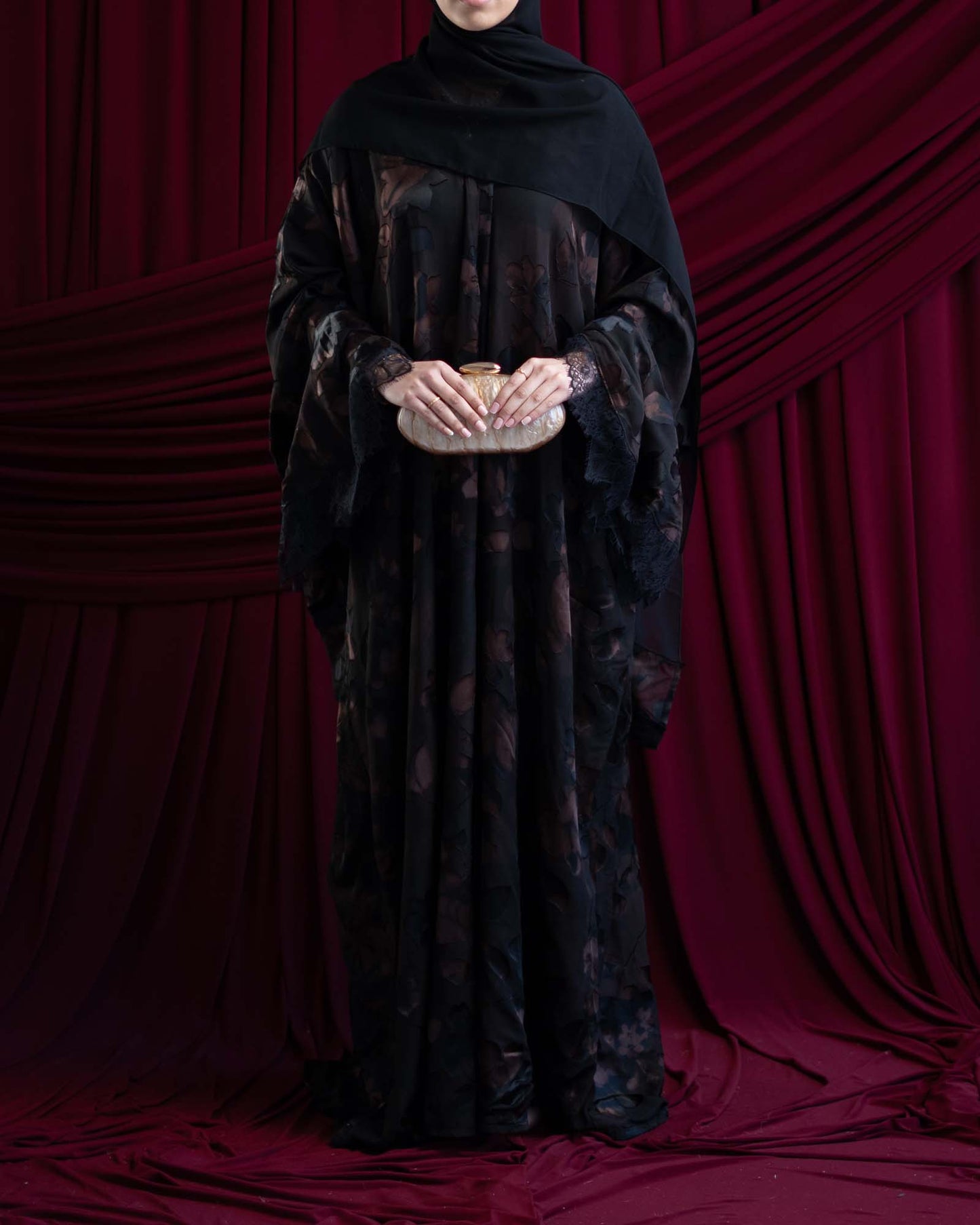Dania Brown Satin Flocked Butterfly Abaya