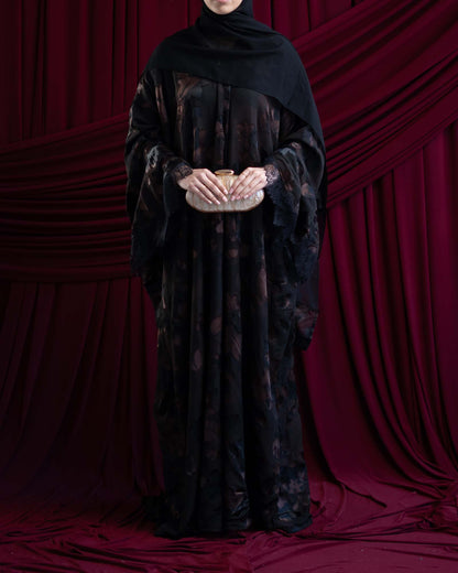 Dania Brown Satin Flocked Butterfly Abaya