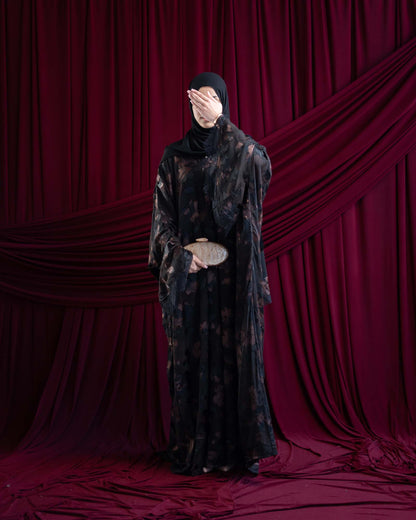 Dania Brown Satin Flocked Butterfly Abaya