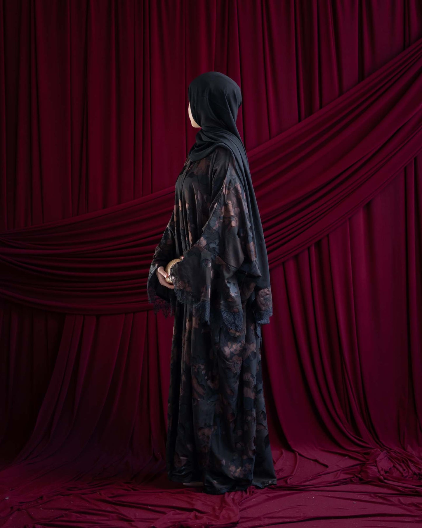 Dania Brown Satin Flocked Butterfly Abaya