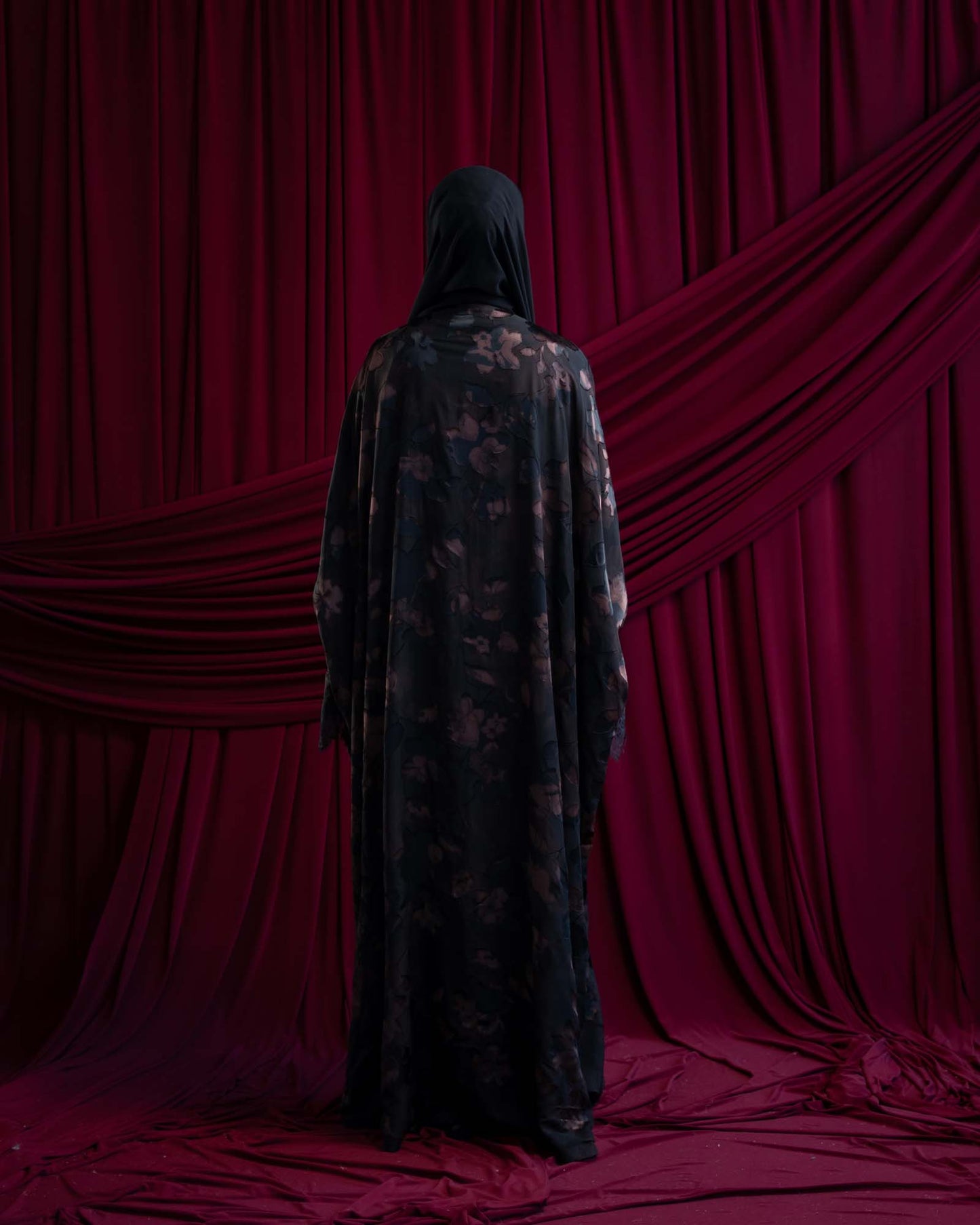 Dania Brown Satin Flocked Butterfly Abaya