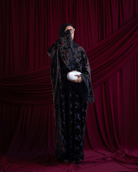 Nisma Dark Purple Velvet Flocked Butterfly Abaya