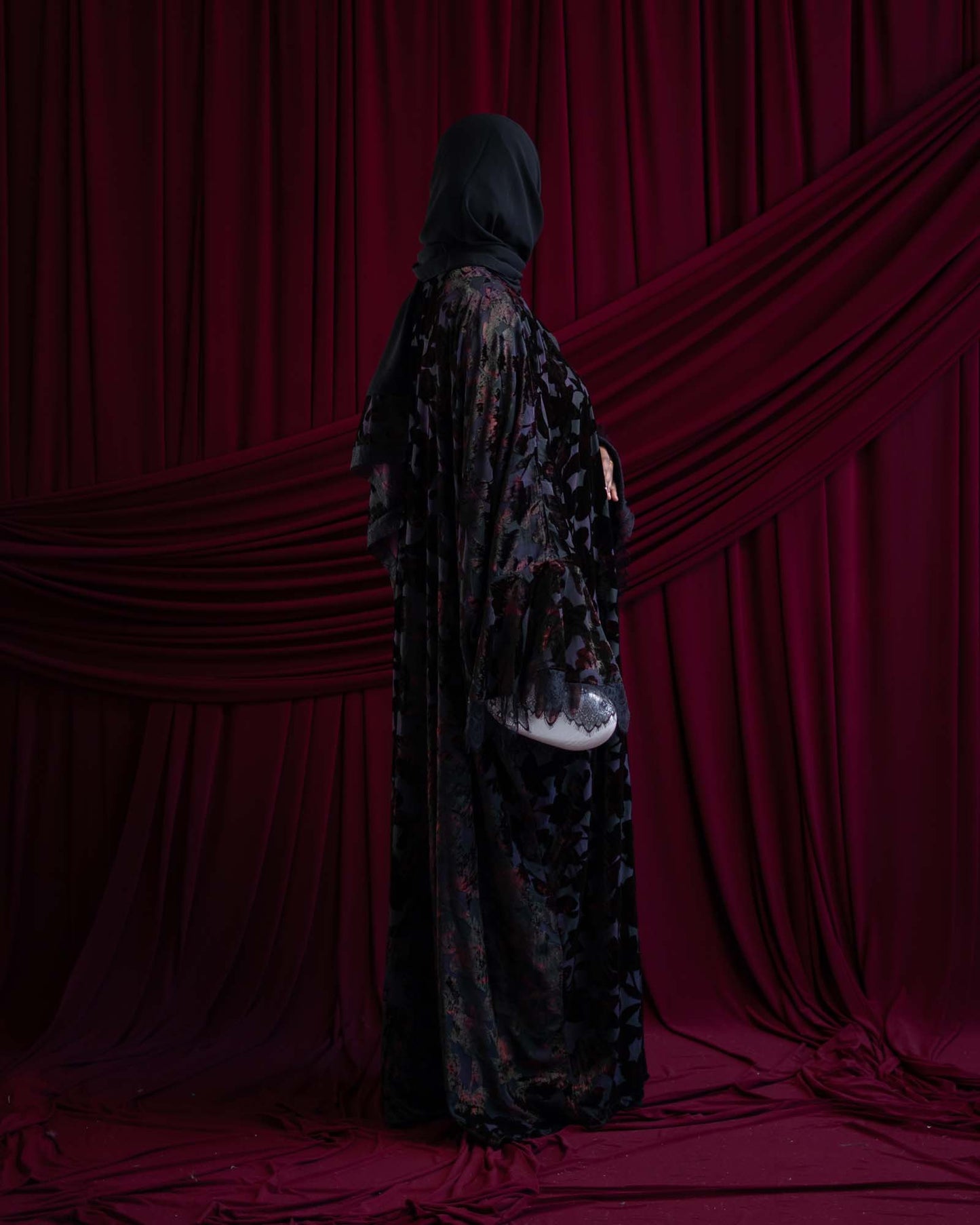 Nisma Dark Purple Velvet Flocked Butterfly Abaya