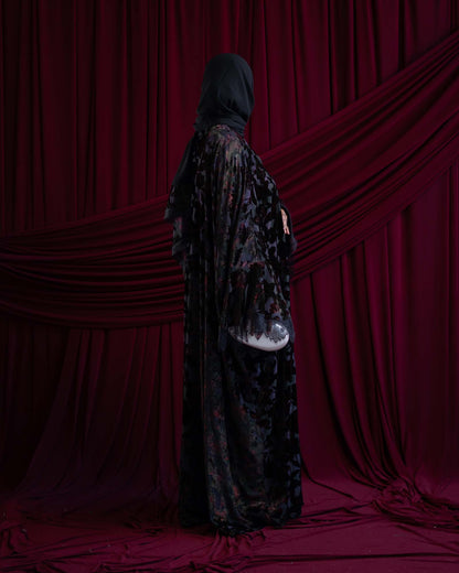 Nisma Dark Purple Velvet Flocked Butterfly Abaya