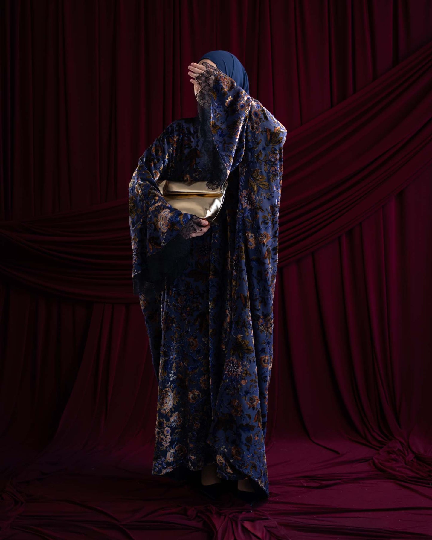 Aseel Blue Velvet Flocked Butterfly Abaya