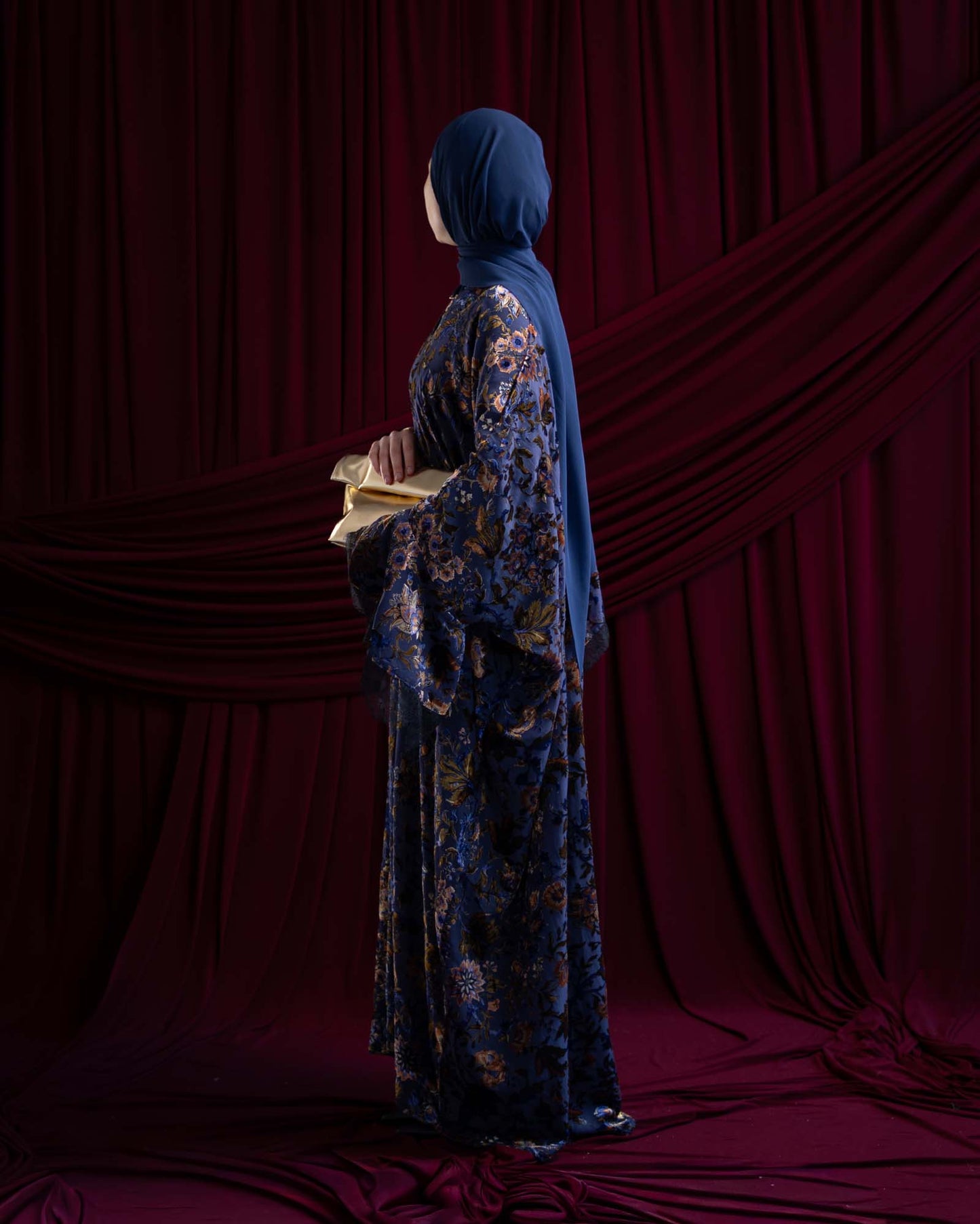 Aseel Blue Velvet Flocked Butterfly Abaya