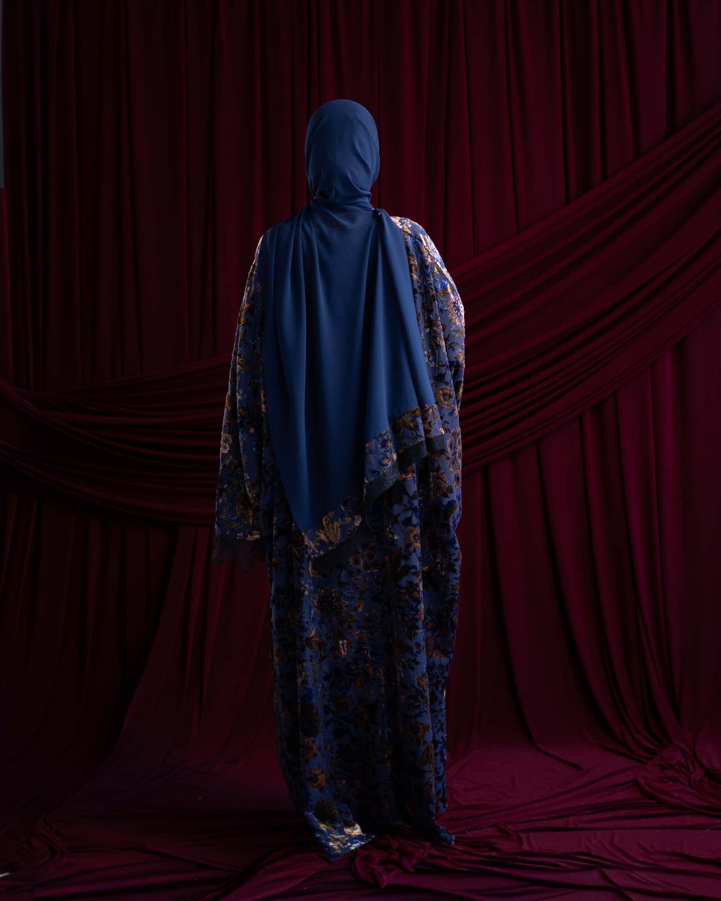 Aseel Blue Velvet Flocked Butterfly Abaya