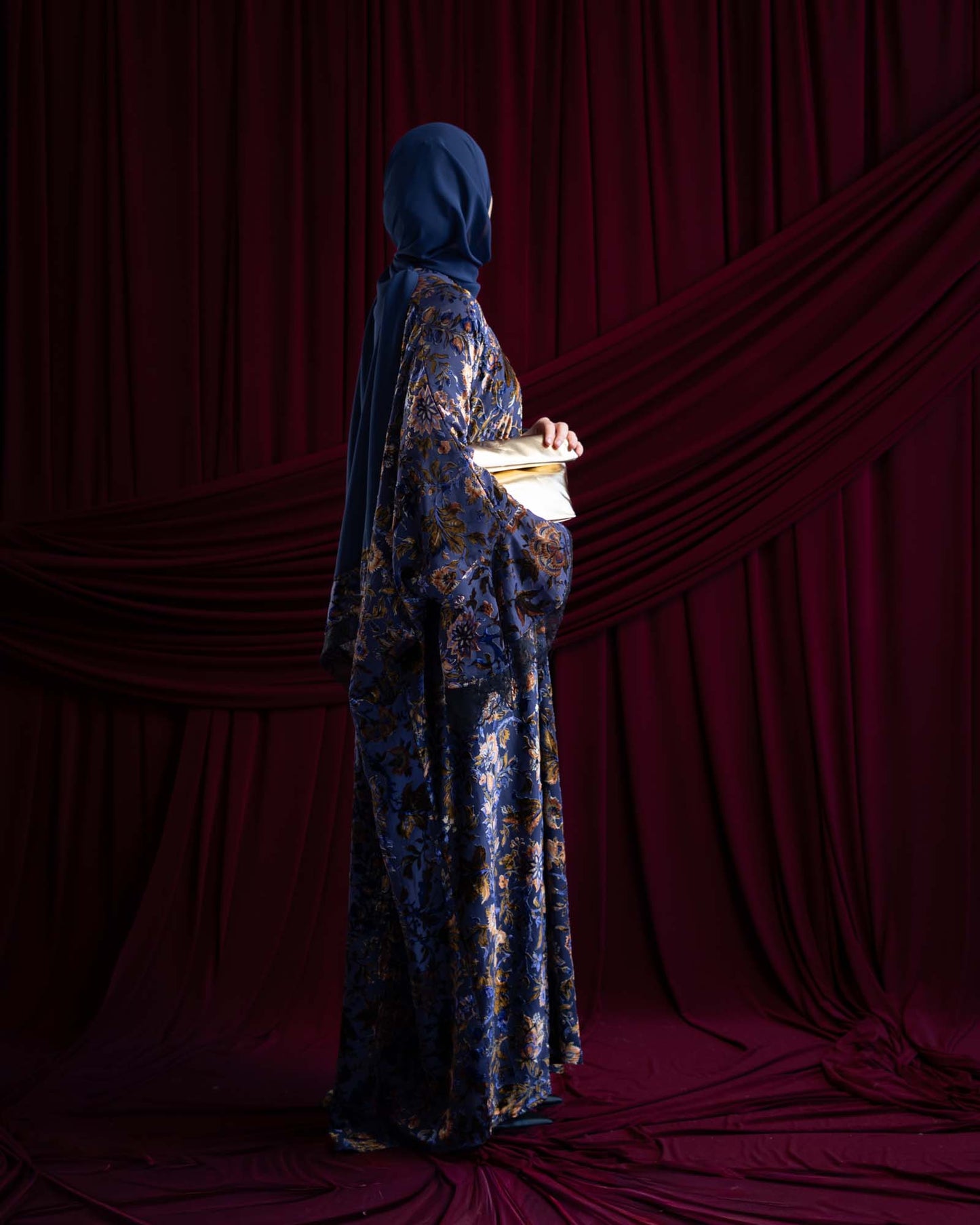 Aseel Blue Velvet Flocked Butterfly Abaya