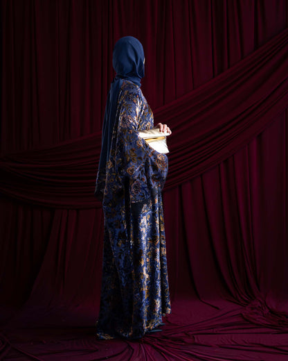 Aseel Blue Velvet Flocked Butterfly Abaya