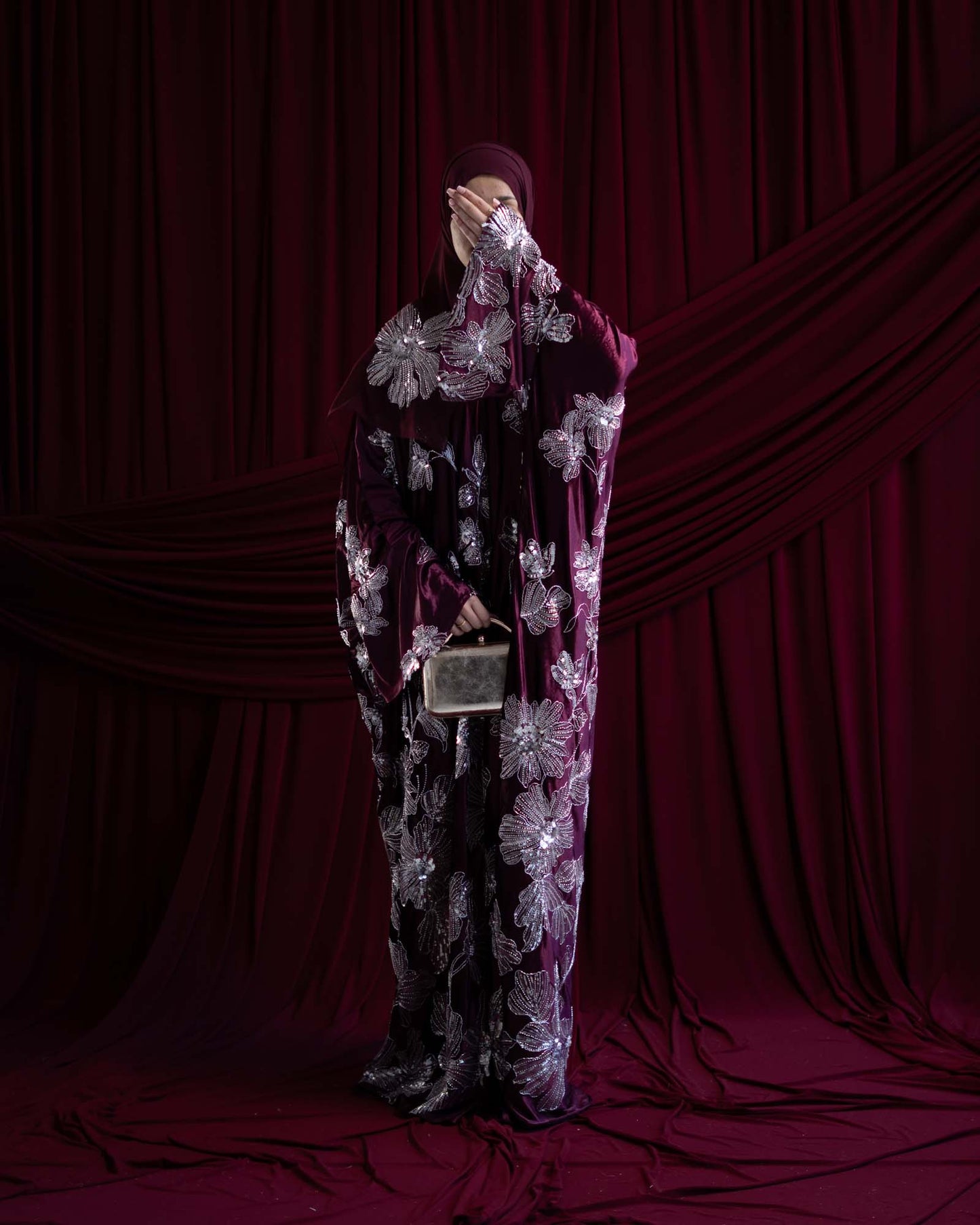 Amani Plum Velvet Floral Embellished Abaya