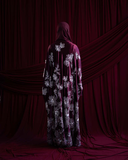 Amani Plum Velvet Floral Embellished Abaya