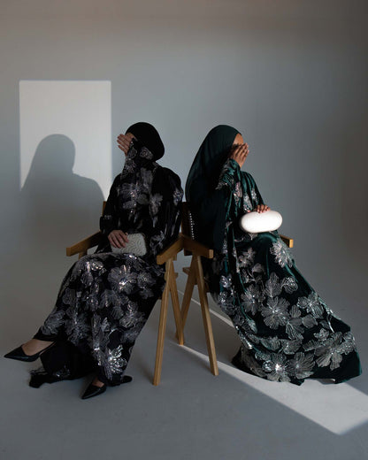 Amani Emerald Green Velvet Floral Embellished Abaya