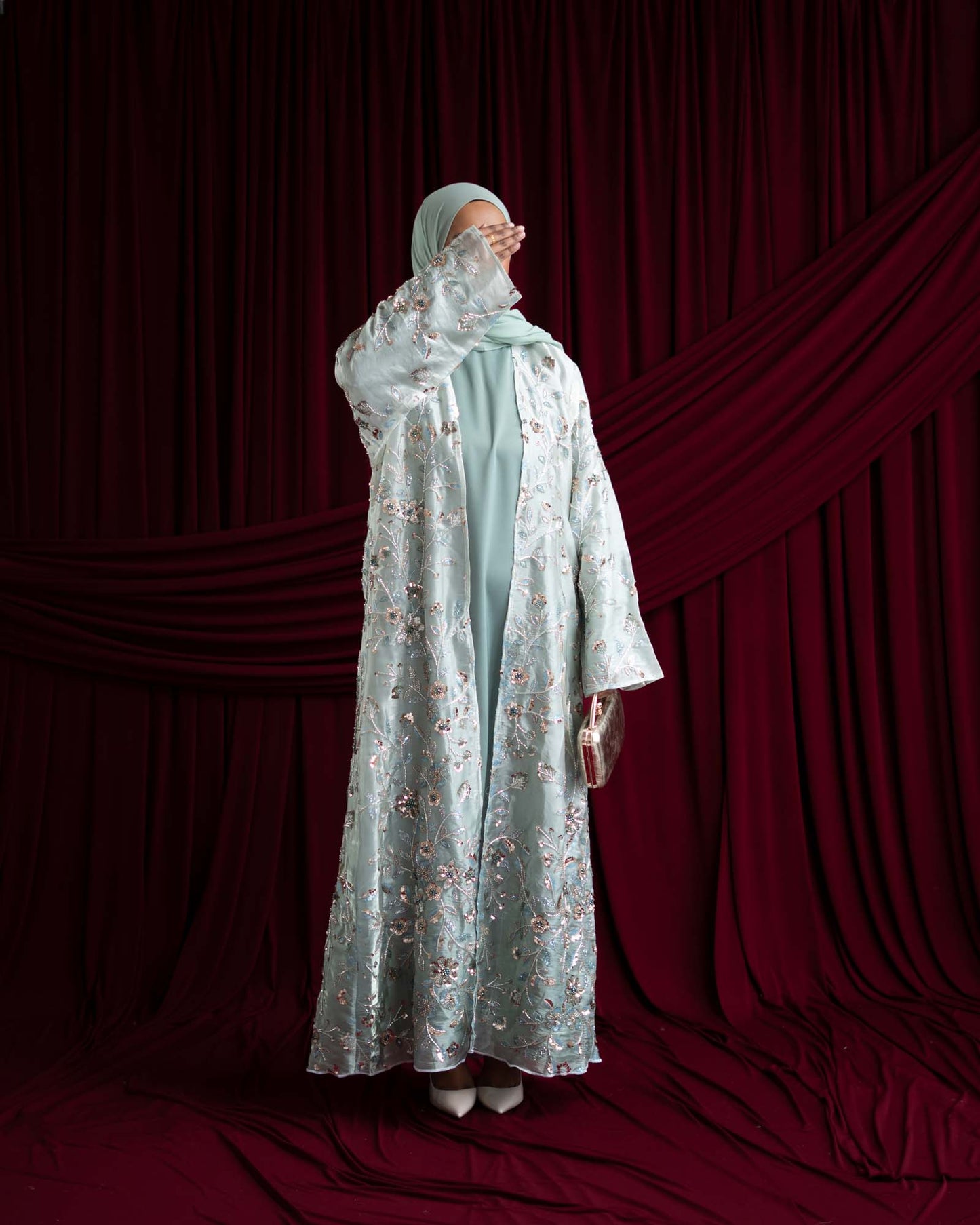 Mara Sage Green Floral Ombré Organza Abaya