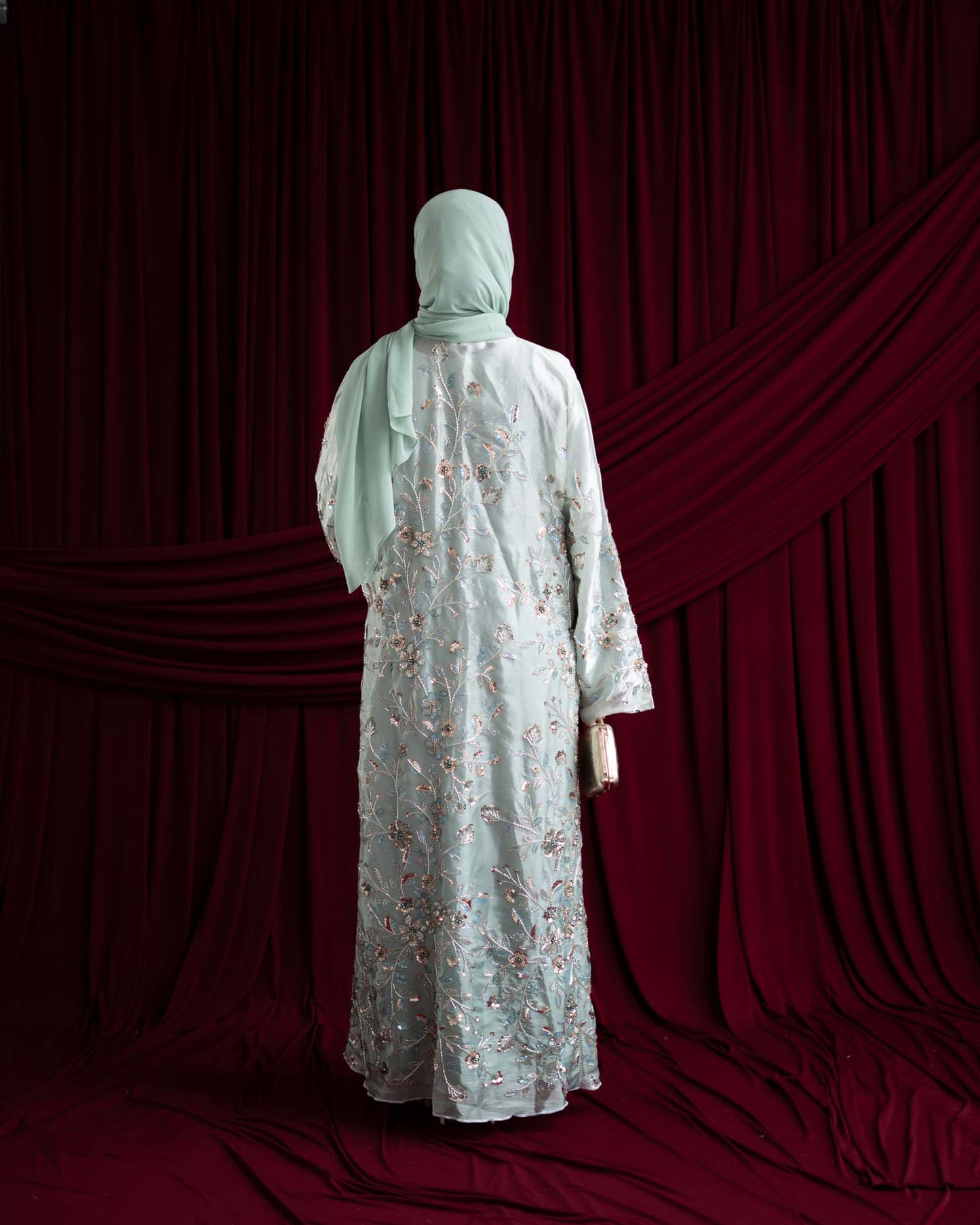 Mara Sage Green Floral Ombré Organza Abaya