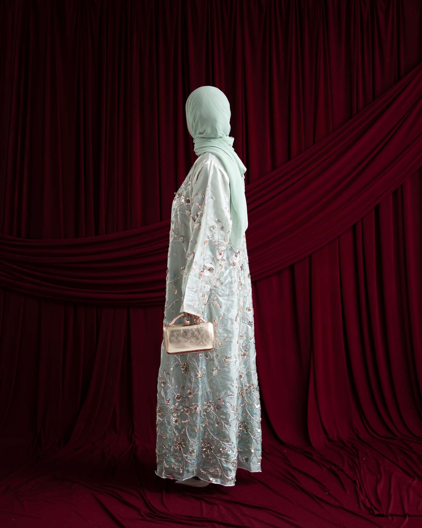 Mara Sage Green Floral Ombré Organza Abaya