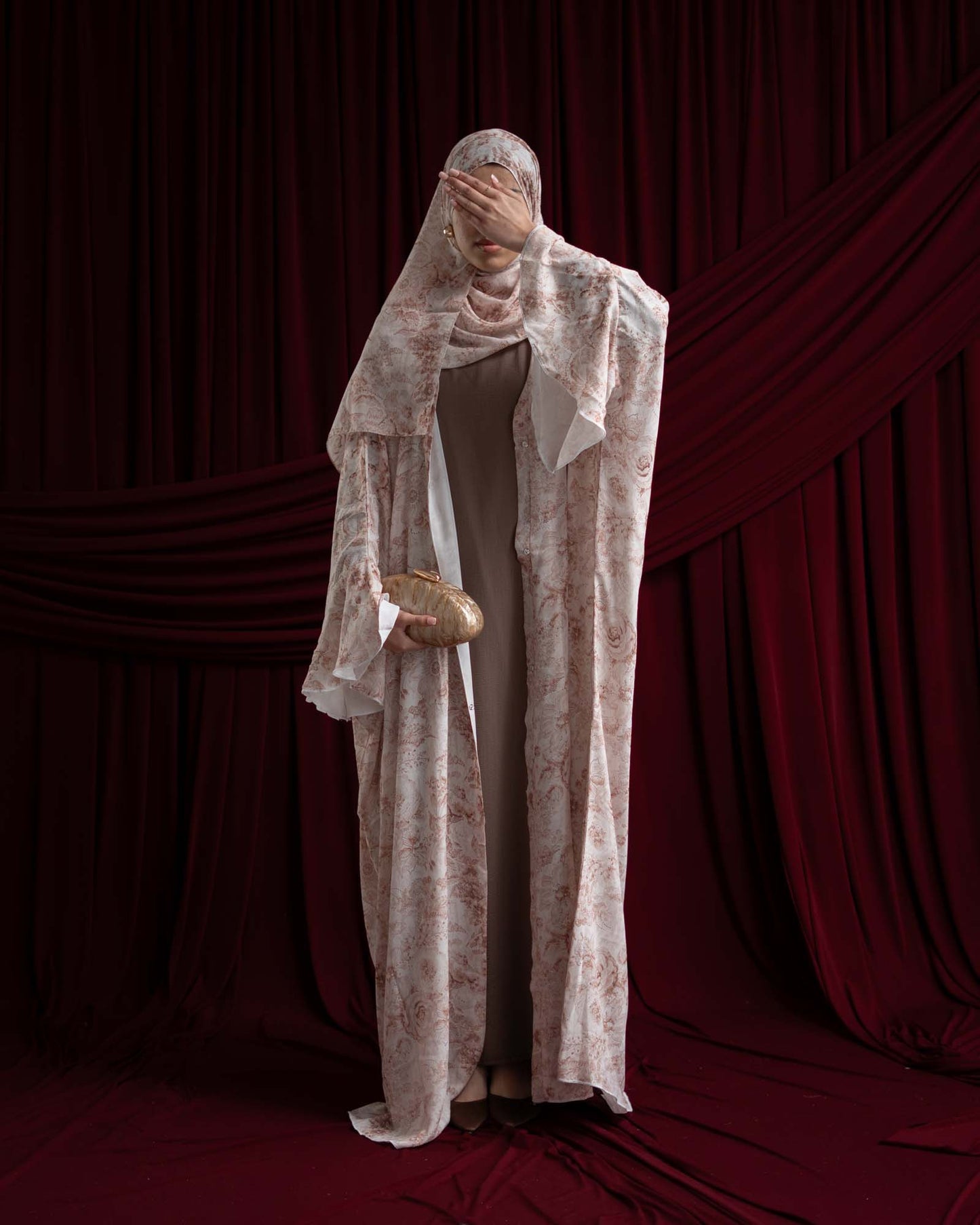 Yumna Beige Floral Chiffon Printed Butterfly Abaya