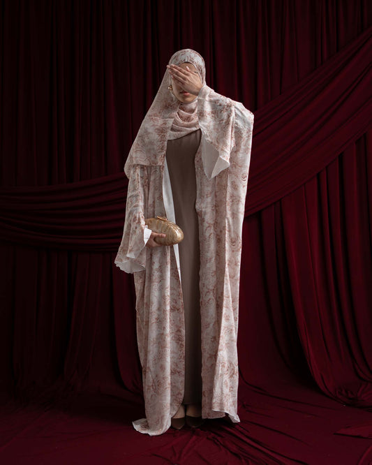Yumna Beige Floral Chiffon Printed Butterfly Abaya