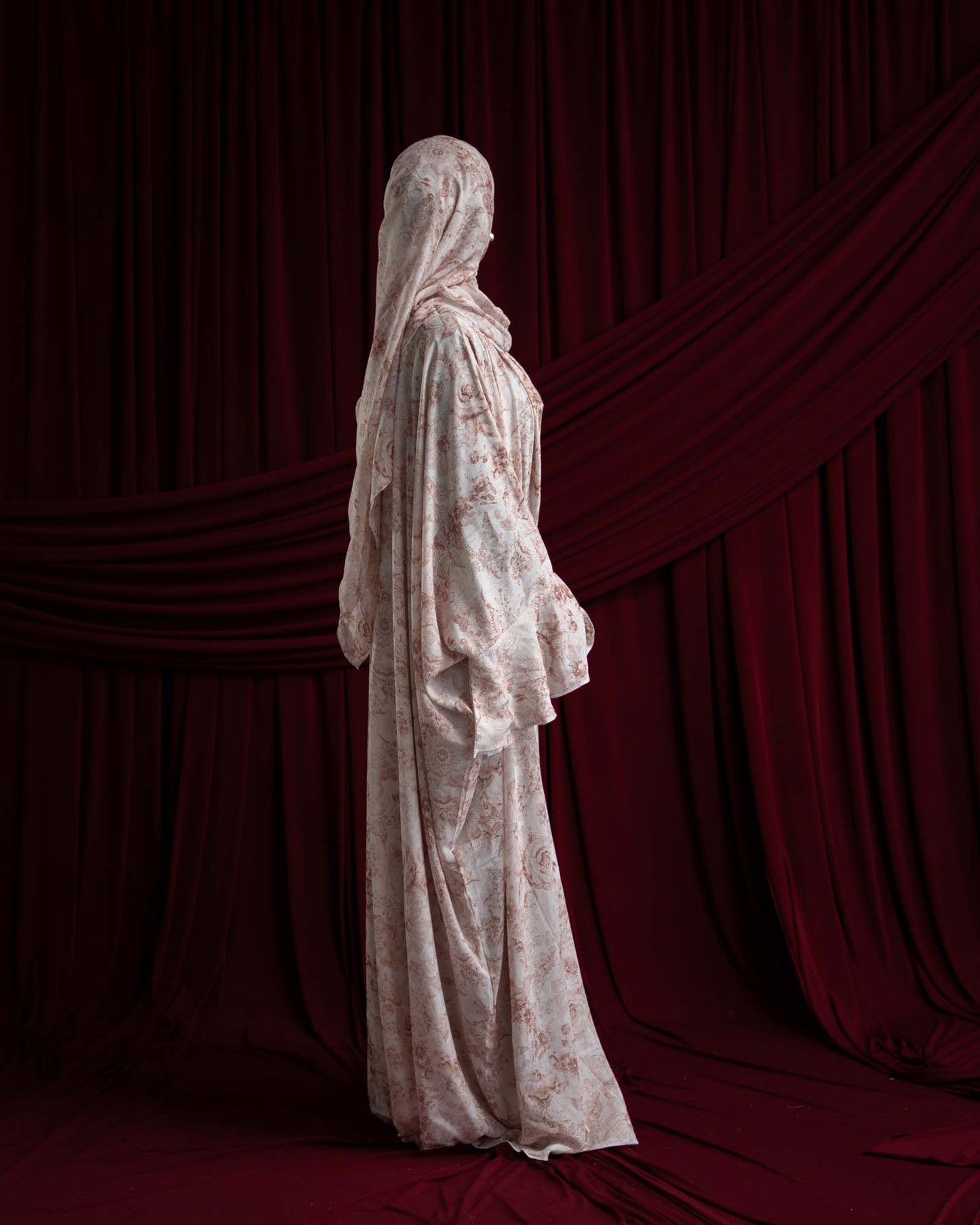 Yumna Beige Floral Chiffon Printed Butterfly Abaya