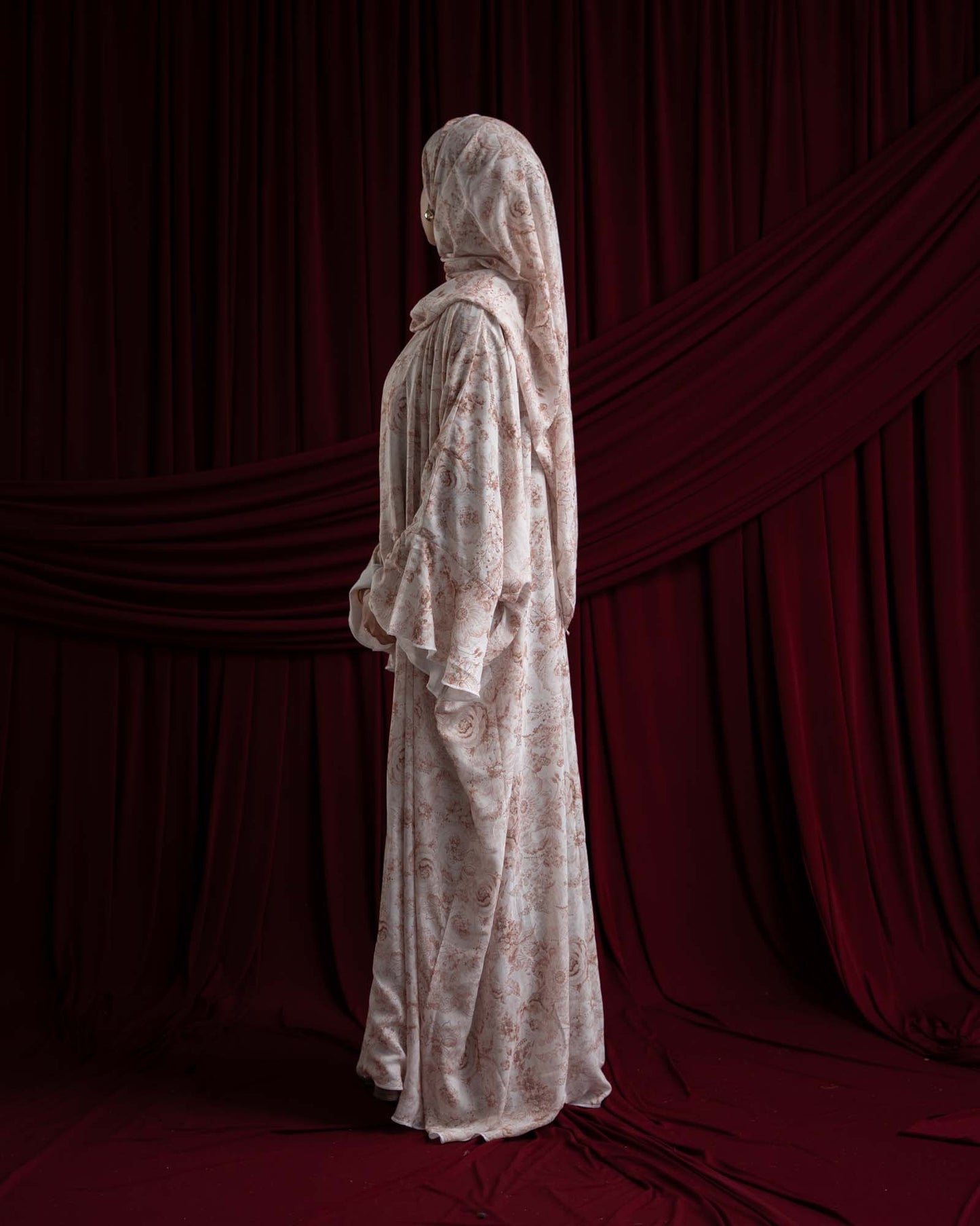 Yumna Beige Floral Chiffon Printed Butterfly Abaya