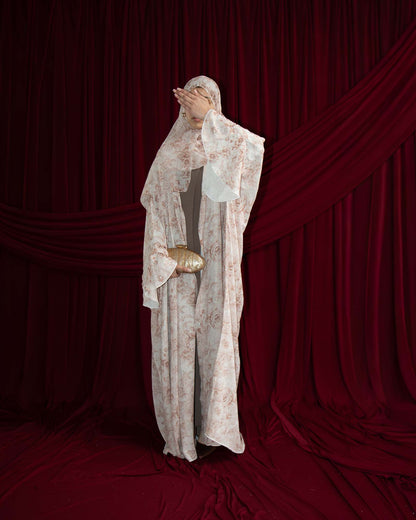 Yumna Beige Floral Chiffon Printed Butterfly Abaya