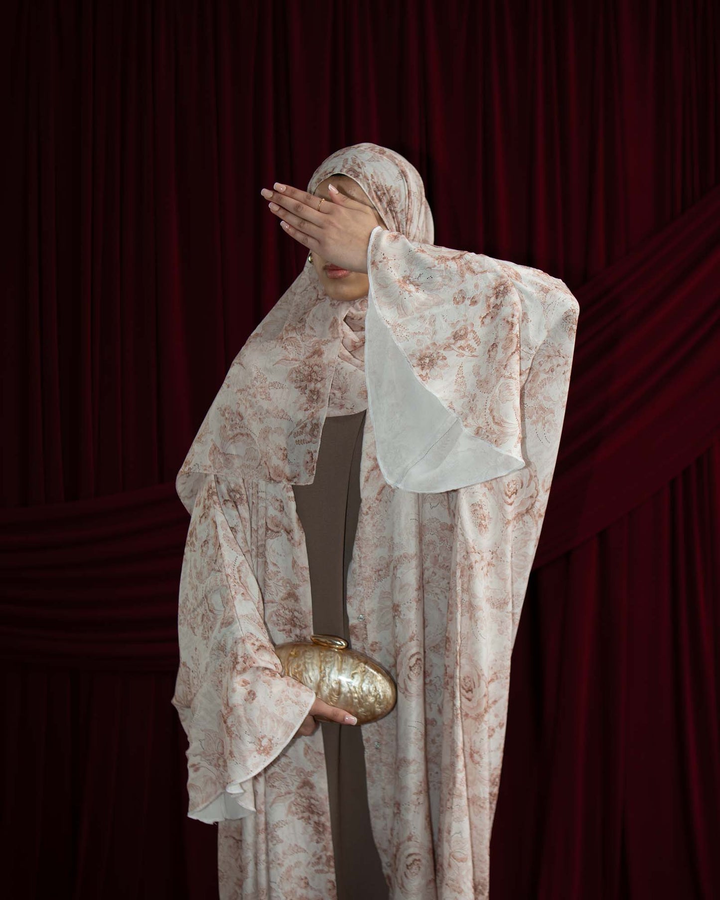 Yumna Beige Floral Chiffon Printed Butterfly Abaya