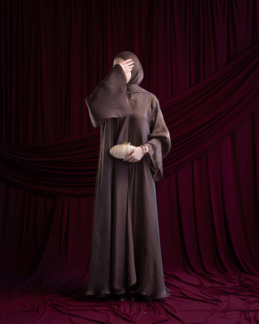 Reema Brown Princess Flared Organza Abaya