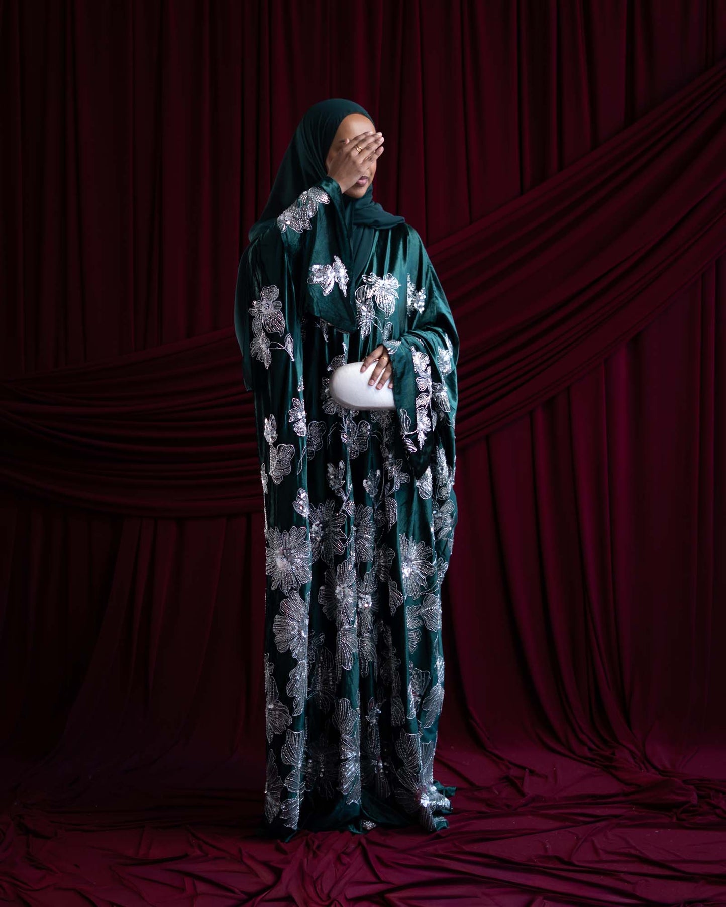 Amani Emerald Green Velvet Floral Embellished Abaya